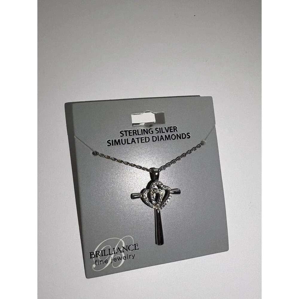 Cross Necklace 925 sterling silver simulated diamonds with two heart details New